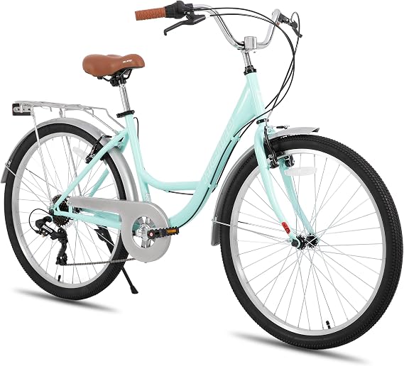 HILAND 26 inch Complete Beach Cruiser Bike for Adults, 7 Speed Step-Through Frame Womens Bicycle with Rear Rack, Retro Style Bike Commuter City Bicycle for Men
