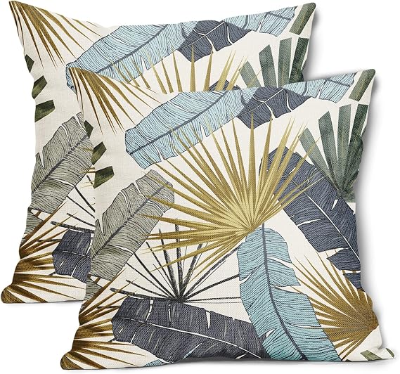 Tropical Leaf Accent Throw Pillow Covers 16X16 Inch Set of 2 Banana Palm Leaves Decorative Pillow Cases Summer Botanical Plant Pillow Cover Farmhouse Home Decor For Room Bed Couch Patio Porch Outdoor