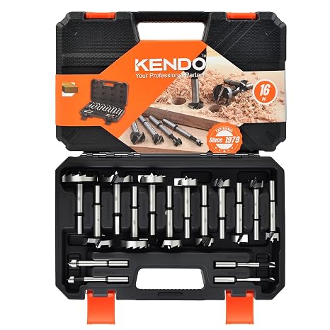 KENDO Forstner Bit Set, 16-Piece Alloy Steel for Woodworking | Round Shank Forstner Drill Bits for Hardwood, Softwood, Plastic, Plywood with Case, 1/4" to 2-1/8"