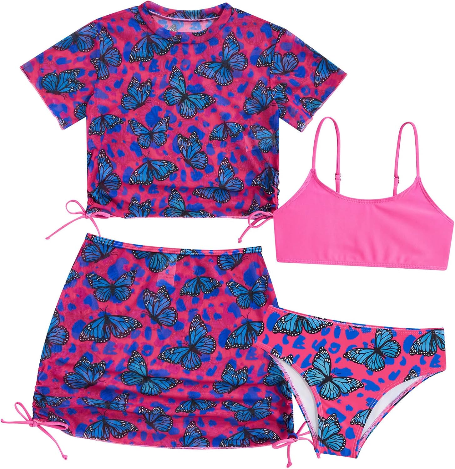 3 Piece Girls Swimwear Set with Drawstring for Surfing Butterflies Tankini Swimsuit with Cover Up Skirt 3D Leopard Printed Quick Dry Bathing Suits 8-9 Years Old