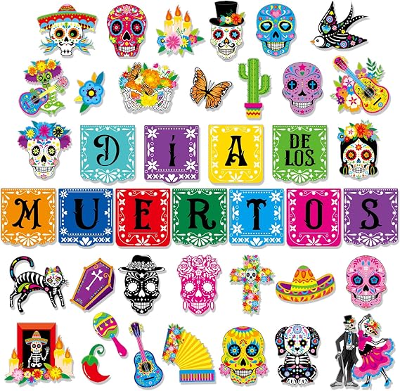 HOWAF 41pcs Dia De Los Muertos Bulletin Board Set Day of The Dead Sugar Skull Cutouts for Day of The Dead Party Classroom Chalkboard Wall Decor,Dia De Los Muertos Skeleton Couple Cat Marigold Cutouts