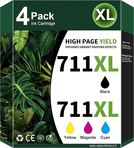 711XL Ink Cartridges High Yield Compatible Replacement for HP 711 Ink Cartridges Work for HP Designjet T120 T100 T520 T125 T130 T525 T530 Printer (4-Pack, Black, Cyan, Magenta, Yellow)