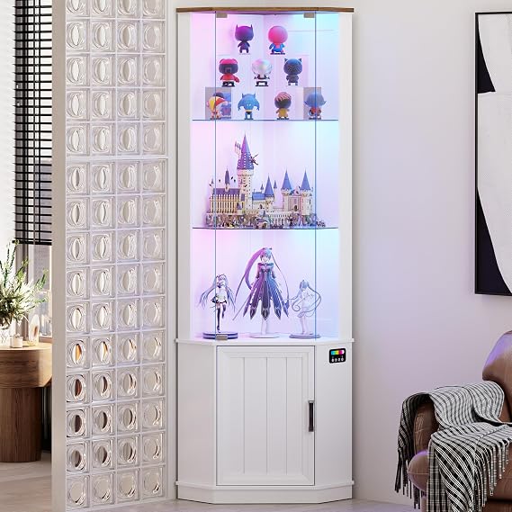 69" Corner Glass Display Cabinet with RGB Lights for Living Room, White | Curio Display with 3-Tier Movable Glass Shelves and Human Body Sensor,Display Cabinet for Toys,Books,Collectibles,Liquor