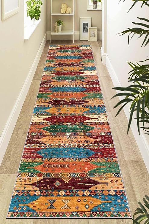 Viva Home Rug Ethnic Patterned Anti-Slip Base Kitchen Hall Entry Cutting Custom Gauge Roll Runner Ar1086, Multi Color, 80 X 150