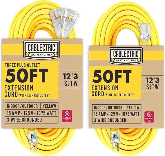 50 Ft Outdoor Extension Cord 3 Outlets - 12/3 SJTW Heavy Duty Yellow Lighted & 12 Gauge Outdoor Power Cord 50 ft, 12/3 Heavy Duty Extension Cord Lighted End, SJTW Weatherproof Cable.