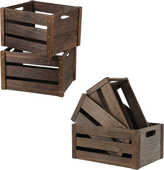Edergoo Wooden Crates 2 Pack and Nesting 3 Pack, Rustic Handmade Wood Crate with Handles, Durable Large Wooden Crates for Display & Decor, Brown