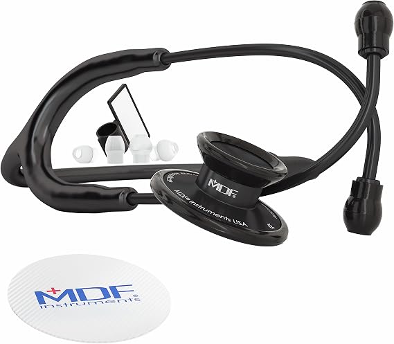 MDF Instruments, Acoustica Lightweight Stethoscope for Doctors, Nurses, Students, Home Health Use, Dual Head, Black Tube, Black Chestpiece-Headset, MDF747XPBO