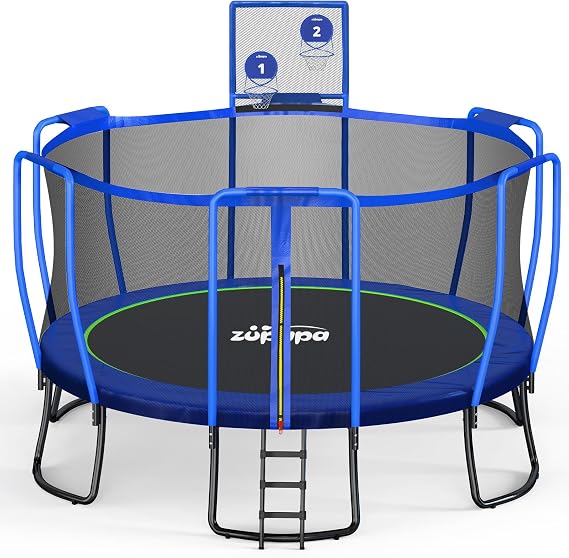 Zupapa 1800LBS Capacity No-Gap Design 16 15 14 12 10FT Trampoline with Safety Enclosure Net and Non-Slip Ladder 10-Year Quality Assurance Perfect for Kids Family Outdoor Backyard Fun