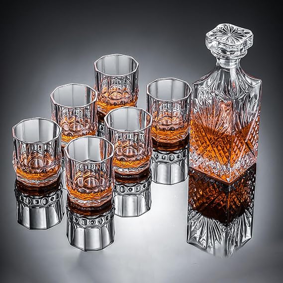 whiskey decanter set, personalized liquor decanter set with tray, 27oz whiskey decanter,10.1oz crystal whiskey glasses for drinking bourbon rum cognac scotch