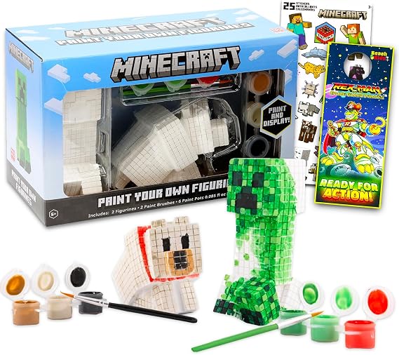 Minecraft Paint Your Own Figurines Set - Bundle with DIY Painting Set Featuring Creeper and Wolf Plus Stickers, More | Minecraft Painting Kit for Kids, Boys, Girls