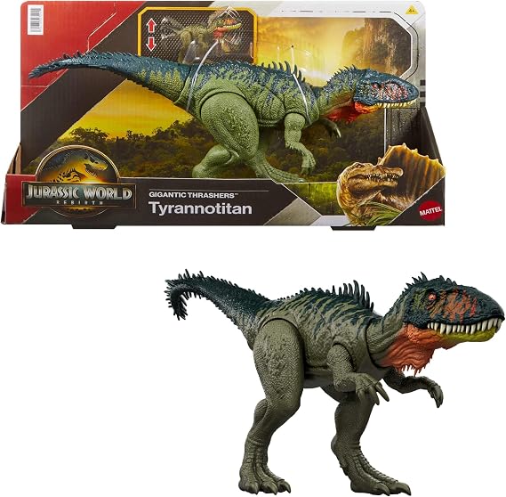 Mattel Jurassic World: The Rebirth Gigantic Thrashers Tyrannotitian Dinosaur Toy Figure with Two Activated Tantrums Digital Game JCL75