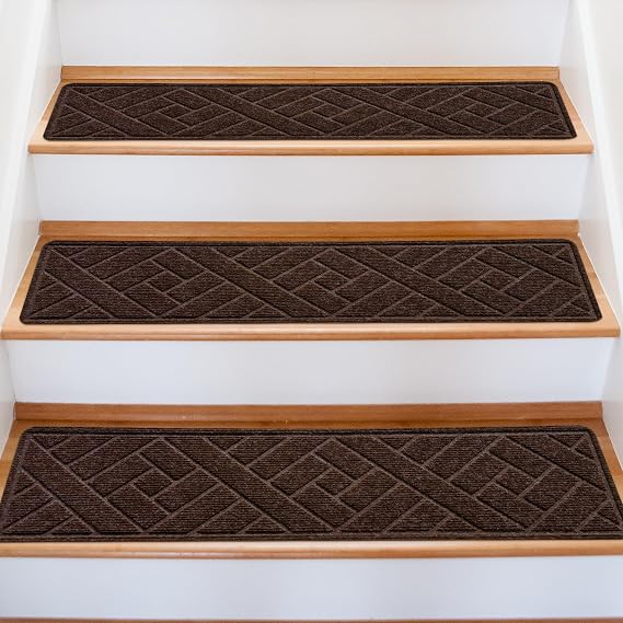 15 Pack 8 "X 30" Non-Slip Carpet Stair Treads for Indoor Wooden Steps, Made of Polyester and Reusable Adhesive, Suitable for Kids Elders and Pets(Brown Lines)