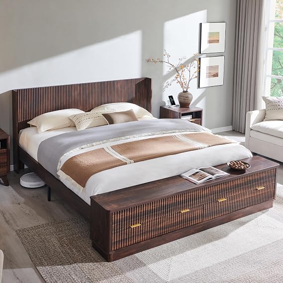 T4TREAM Fluted King Bed with Headboard and Storage Bench, Dark Walnut