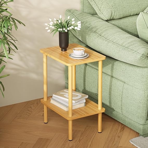 APICIZON Wooden Side Table 2 Tier Bedside Table Narrow 40 x 30 x 52 cm Small Side Tables with Storage Space Side Tables Narrow for Living Room Bedroom Balcony Easy Assembly Natural