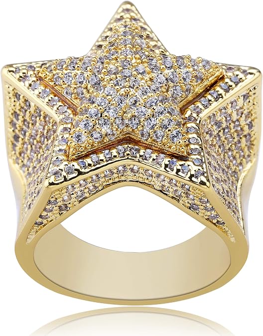 TOPGRILLZ 14K Golden Plated Star Ring Iced Out CZ Simulated Diamond Punky Rappers Ring for Men Engagement Hip Hop Jewelry