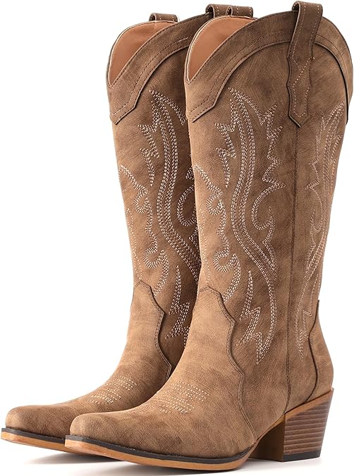 IUV Cowboy Boots For Women Western Cowgirl Boots Mid Calf Snip Toe