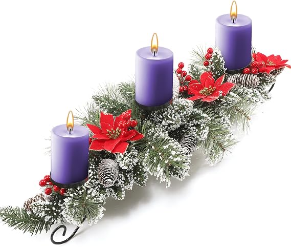 Sieral Artificial Christmas Centerpiece with 3 Candle Holders Red Flowers Red Berries & Snowy Pine Cones Steel Base Christmas Decor Candelabrum for Indoor Xmas Ornaments Wedding, 30 Inch
