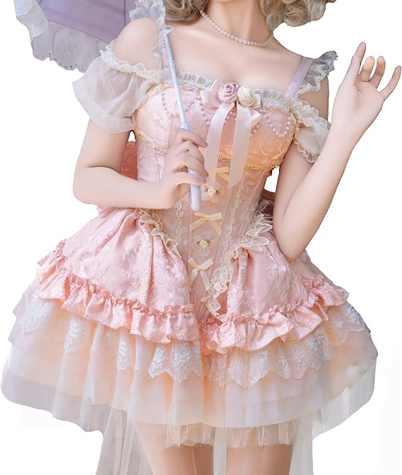 Sweet Lolita Princess Dress Ruffled Tea Party Costume with Lace Trim and Bow