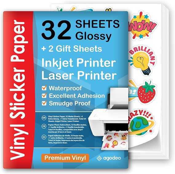 Premium Printable Vinyl Sticker Paper, Waterproof, 32 Glossy Printing Sheet
