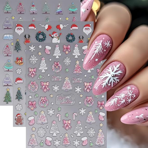 Christmas Nail Art Stickers 5D Embossed Pink Christmas Tree Self-Adhesive Nail Decals Snowflake Santa Claus Elk Bow-Tie Nail Design Supplies Xmas Holiday Cute Stickers for Women Girl Manicure DIY 3PCS