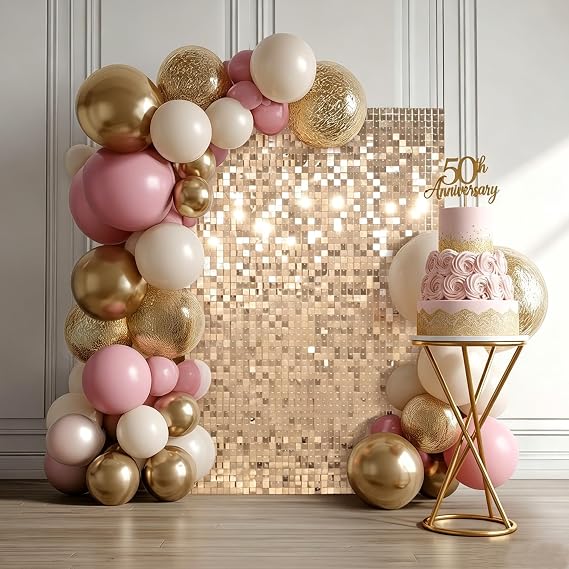 LAGarden 24 Pcs Shimmer Wall Backdrop Panels 4x6 Ft Champagne Gold Square