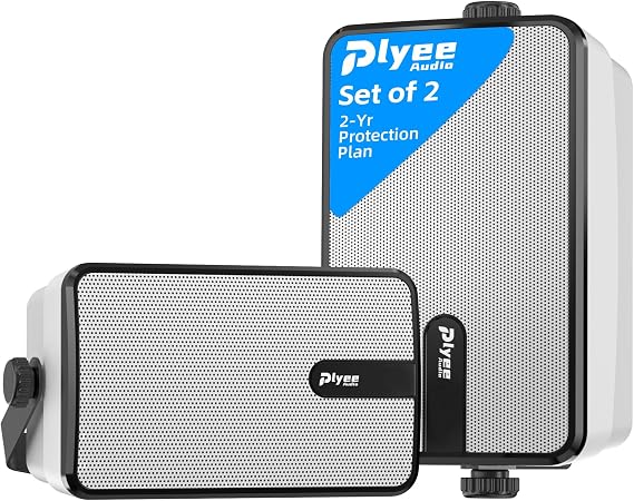 250W Outdoor Bluetooth Speakers, Wireless Sync Between Speakers, AC Powered, Powerful Bass, Wall Mount for Patio, Porch, Gazebo, Garage, 2-Pack, White(MZ-632)