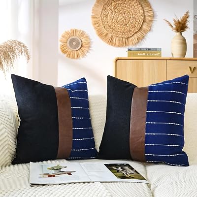 cygnus Decorative Pillow Covers 18x18,Black Linen and Striped Throw Pillow Covers with Dark Brown Faux Leather Accent,Boho Farmhouse Square Cushion for Couch Sofa Livingroom,Blue