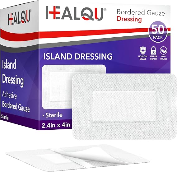 HEALQU Bordered Gauze Island Dressing - 50 Count, 2.4"x4" Sterile Individually Wrapped Gauze Pads with Water-Resistant, Non-Woven Backing - Soft and Breathable Wound Dressing for First Aid & Medical