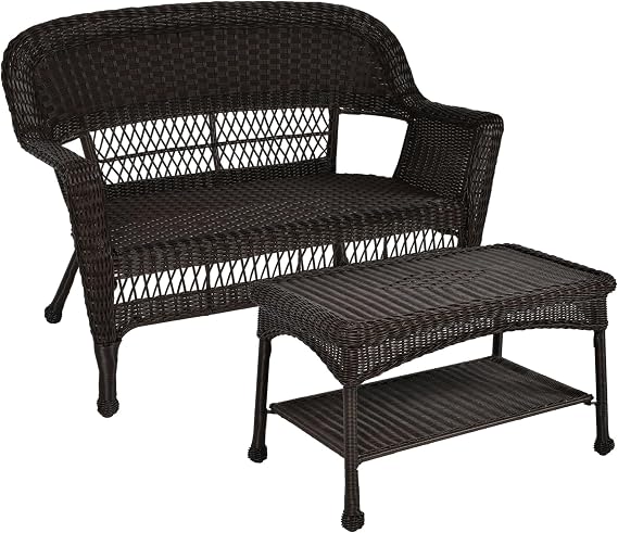 Jeco Wicker Patio Love Seat and Coffee Table Set without Cushion, Espresso