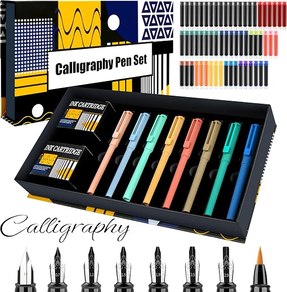 Calligraphy Set Fountain Pens with 8 Different Size Nibs and 60 Ink Cartridges(12 Colors),Calligraphy Pen Set for Beginner Writing Drawing Practice