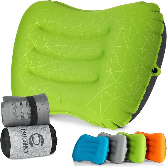 Crisonky Camping Pillow - Inflatable Pillow - Travel Pillows for Backpacking & Airplane, Lumbar Support 2.0 Dual-Valve Blow Up Pillow, Ultralight Compressible, Comfortable, Ergonomic Pillows