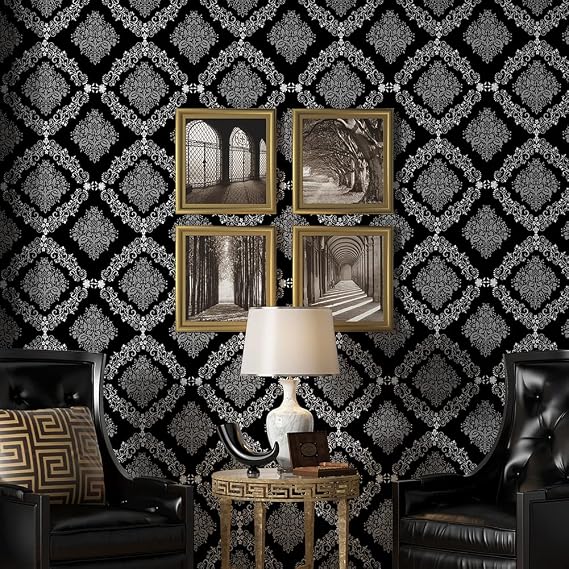 Damask Peel and Stick Wallpaper Black 17.7" x 9.8ft