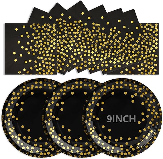 50Pcs Black and Gold Paper Plates, Disposable Party Plates and Napkins, 9 Inch Strong Paper Plate, Party Tableware Set for Birthday Bridal Shower Wedding Table Decorations