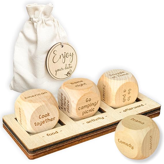 STOFINITY Date Night Dice for Couples, 4 Wood Dice with Plate and Bag