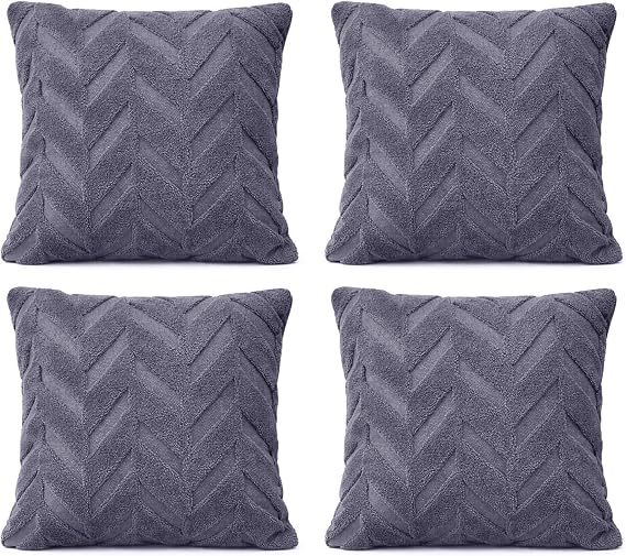 Dekoratif Peluş Kırlent Kılıfı Seti, İskandinav Zigzag Balıksırtı Desenli, Modern Salon ve Koltuk Yastık Kılıfı, 42x42 cm (Balıksırtı Antrasit 4'lü)