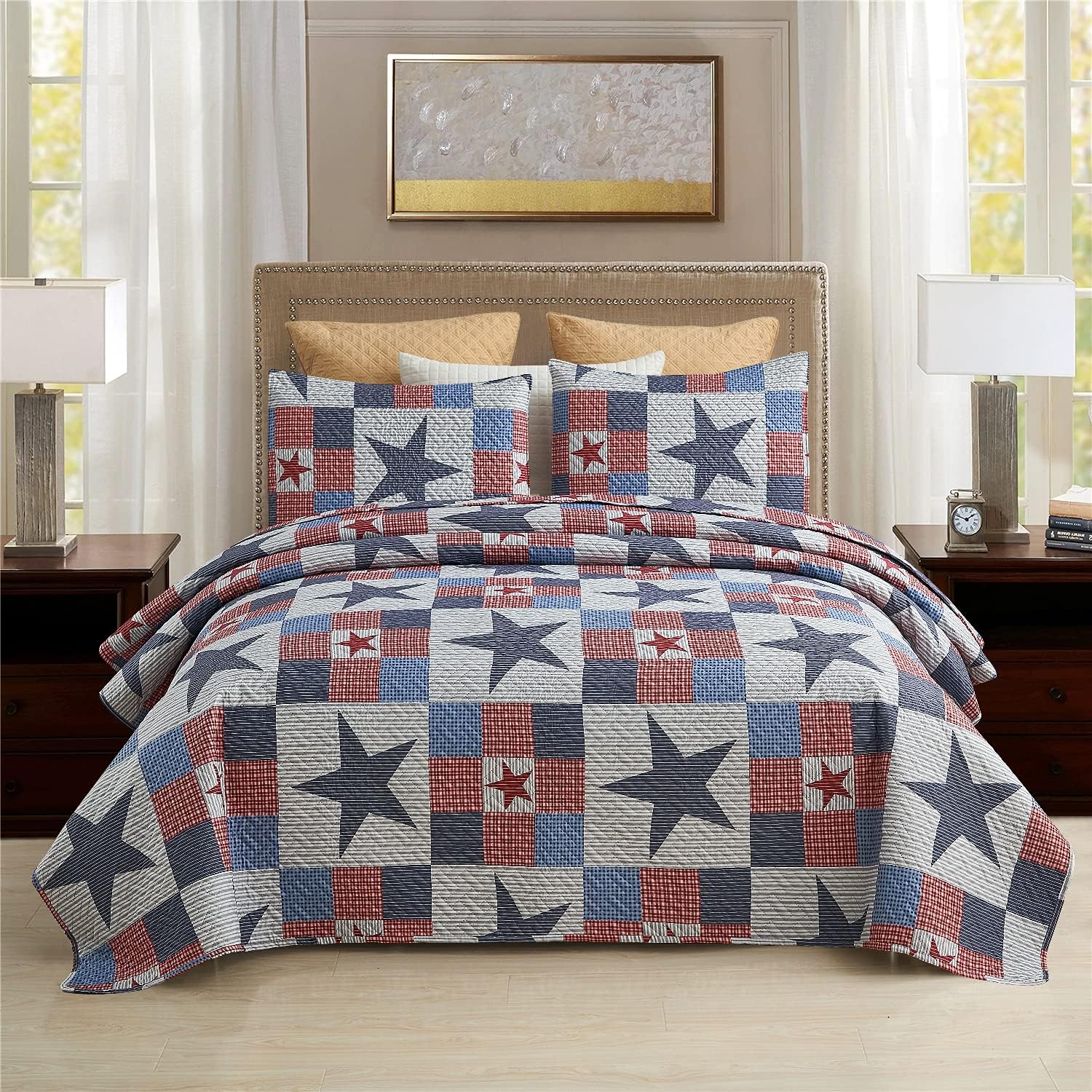 MERRY HOME Queen Quilt Set, 3-Piece Set with 2 Pillow Shams - Boho Reversible Soft and Lightweight Quilt Bedding Bedspread Coverlet Set