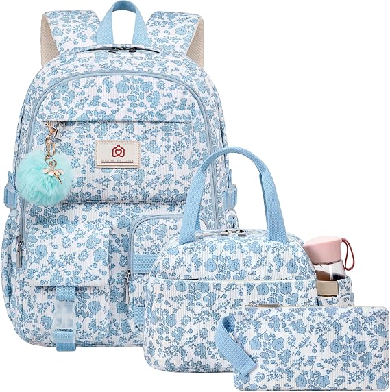 Hidds School Backpack with Lunch Box Laptop College Backpacks Corduroy Students Bookbag with Lunch Bag for Teens Girls Women (01-Corduroy Blue Floral)