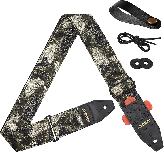 AMUMU 2" Butterfly Guitar Strap Woven Polyester, Top-Grain Leather Ends with Pick Holder for Acoustic, Electric, Bass Guitars, Adjustable 38'' - 63" -Gold