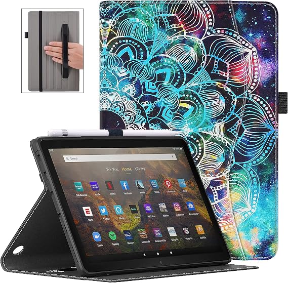VORI Case for All-New Amazon Fire HD 10 Tablet (11th Generation 2021 Release) and Fire HD 10 Plus, Folding Stand TPU Cover with Auto Wake/Sleep & Hand Strap for Fire 10.1 Inch 2021, Mandala Galaxy
