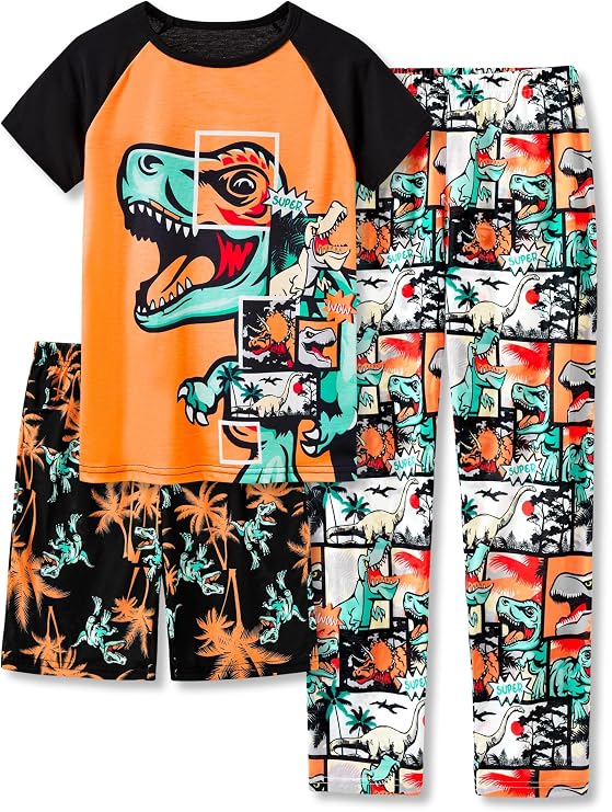 Beezizac Boys Pajamas, 3-Piece Short Sleeves Shorts Set & Pants, Sizes 6-18