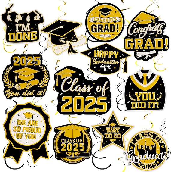 Graduation Hanging Swirls, 30 PCS Graduation Decorations Class of 2025, Black and Gold Graduations Party Decoration Congrats Grad Hanging Swirls Ceiling Streamers for School Graduations Party Supplies