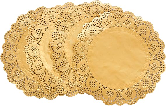 8.5 Inch 100 Pcs Round Lace Gold Paper Doilies Gold Foil Paper Placemats Doily Paper Pad for Cakes Crafts Party Weddings Tableware Decor