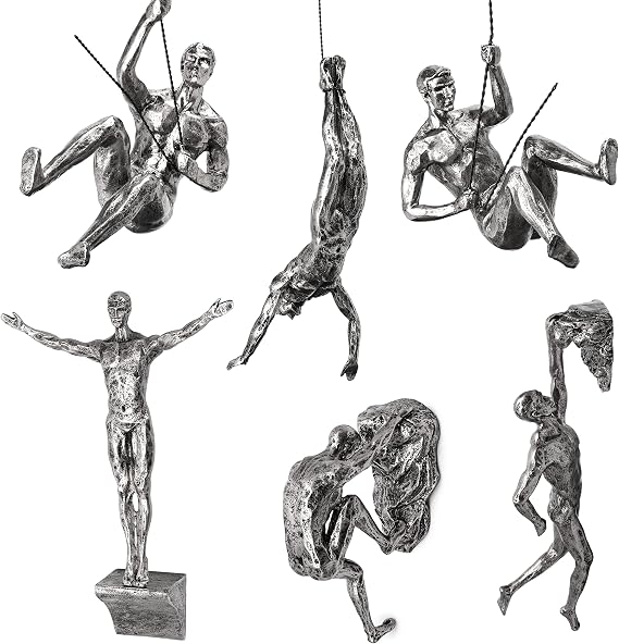 GUTE Set of 6 Climbing Men Man Wall Art Decor Sculpture (Set of 3) - Perfect Home Decor Gift, Climbing Man Wall Art Sculpture Decoration Statue Figurine Home & Office Rock Gifts Silver Matte Gift