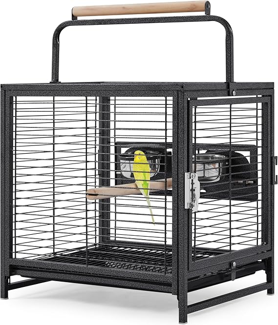 Yaheetech 25.5" Small Bird Cage, Wrought Iron Bird Travel Cage with Wooden Perch Handle & Seed Guard for Conures, Budgies, Lovebirds & Small to Medium Birds