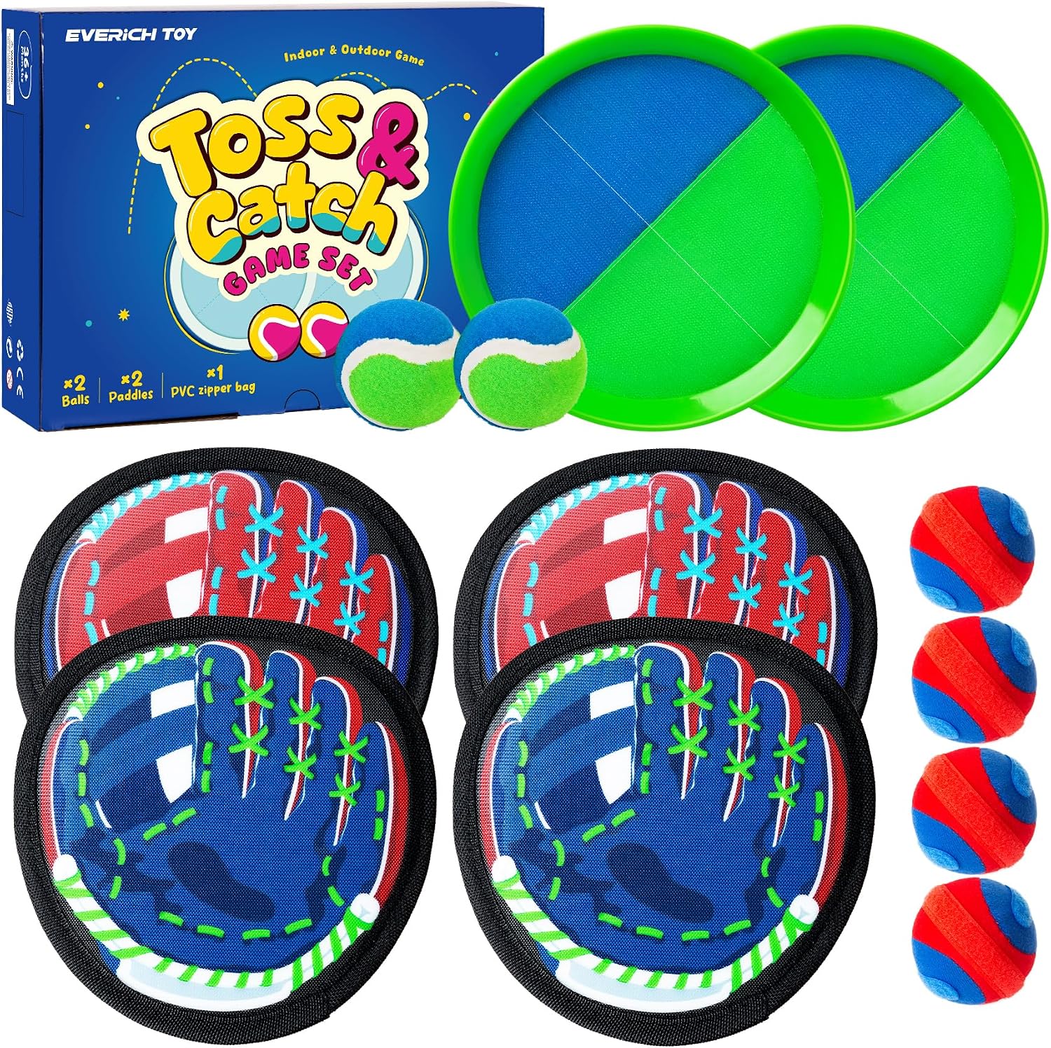 EVERICH Upgraded Toss and Catch Ball Game Set - Indoor and Outdoor Games for Kids 3-12, Beach Sand Pool Water Toy Includes 6 Paddles 6 Sticky Balls, Great Birthday Easter Gifts for Boys Girls