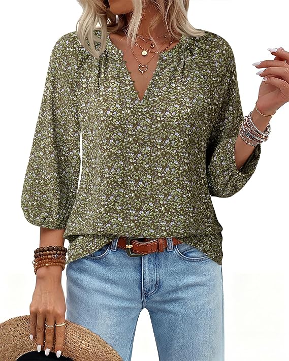 VALOLIA Women's 3/4 Sleeve Blouses Button Down Shirt Business V Neck Casual Clothing Blouses Dressy Casual Chiffon Tops