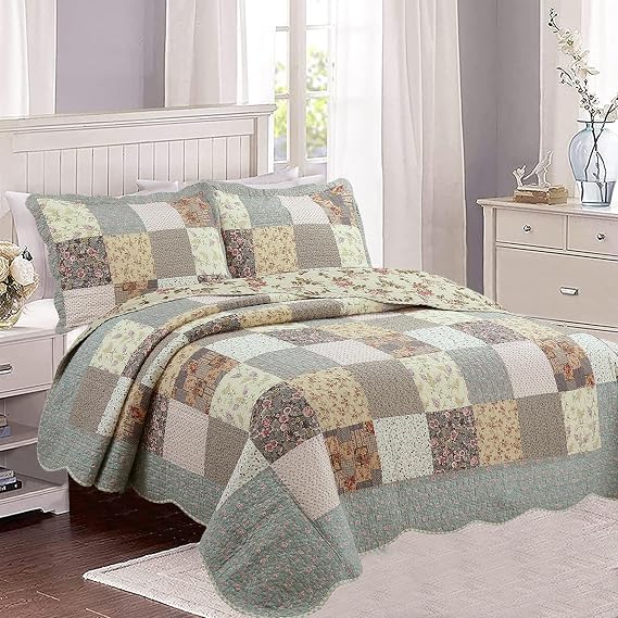 Cozy Line Home Fashions 100% Cotton Hand Piecing Real Patchwork Country Farm Vintage Antique Floral Reversible Quilt Bedding Set, Coverlet Bedspread for All Seasons (Cottoge, Queen - 3 Piece)
