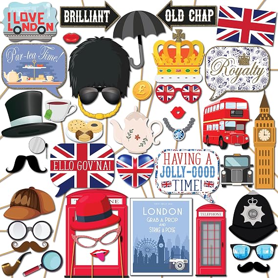 British Photo Booth Props - 41-pc Photobooth Kit with 8 x 10-Inch Sign, 60 Adhesive Pads, 45 Sticks - London England Decorations - Union Jack Party Decorations
