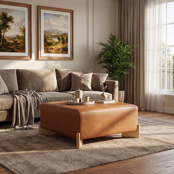 Christopher Knight Home Sheena Square Ottoman Foot Rest, PU Leather Upholstered Ottoman Coffee Table with Rubberwood Legs, Entryway Foot Stools Ottoman, Modern Side Table for Living Room, Brown + Tan