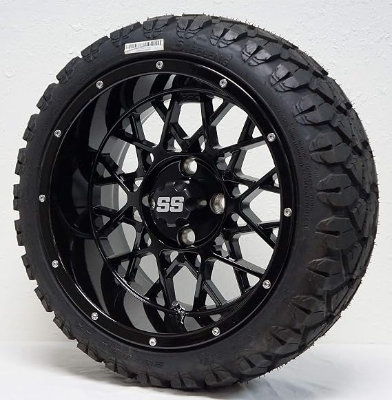 14" VENOM Gloss Black Golf Cart Wheels and 20"x8.50"-14" STINGER DOT All Terrain Golf Cart Tires Combo - Set of 4